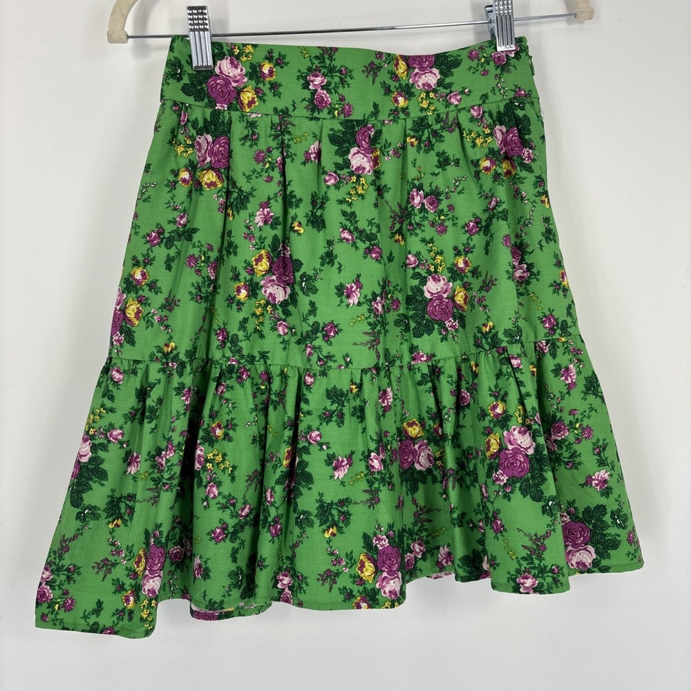 Leur Longette Skirt - Asymmetrical Hem, Green Floral, Ruffles - Size XS